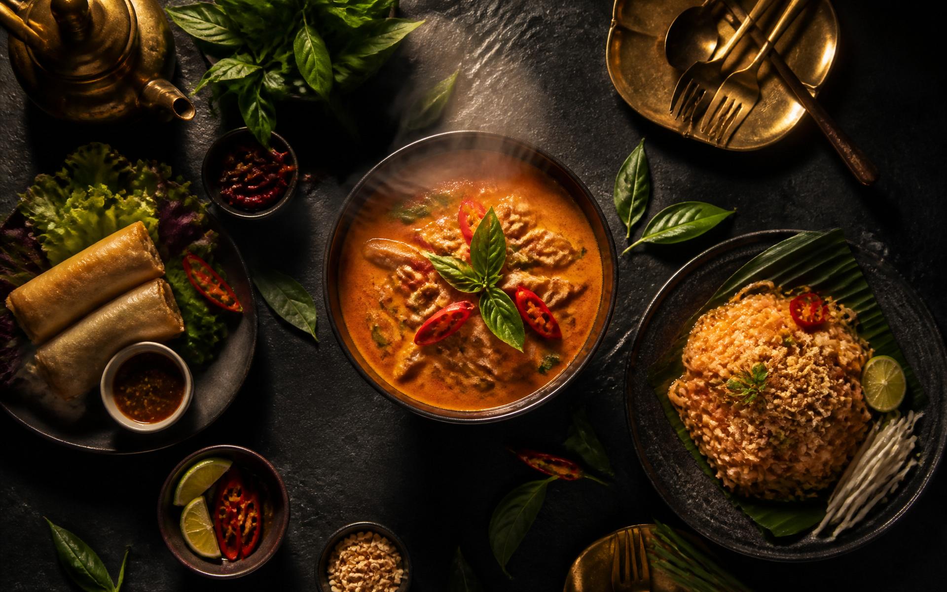 Massmann Thai — signature red curry with fresh Thai basil, spring rolls and fried rice on a dark stone table